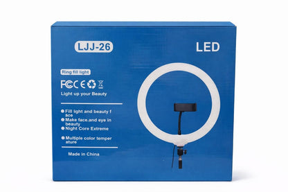 Lampă Ring Light LED LJJ-26 cu suport telefon, lumină reglabilă pentru selfie, video și make-up, Alb