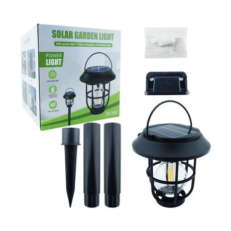 Lampă solară de grădină LED cu spic, neagră, plastic rezistent, lumină caldă, cu montaj ușor