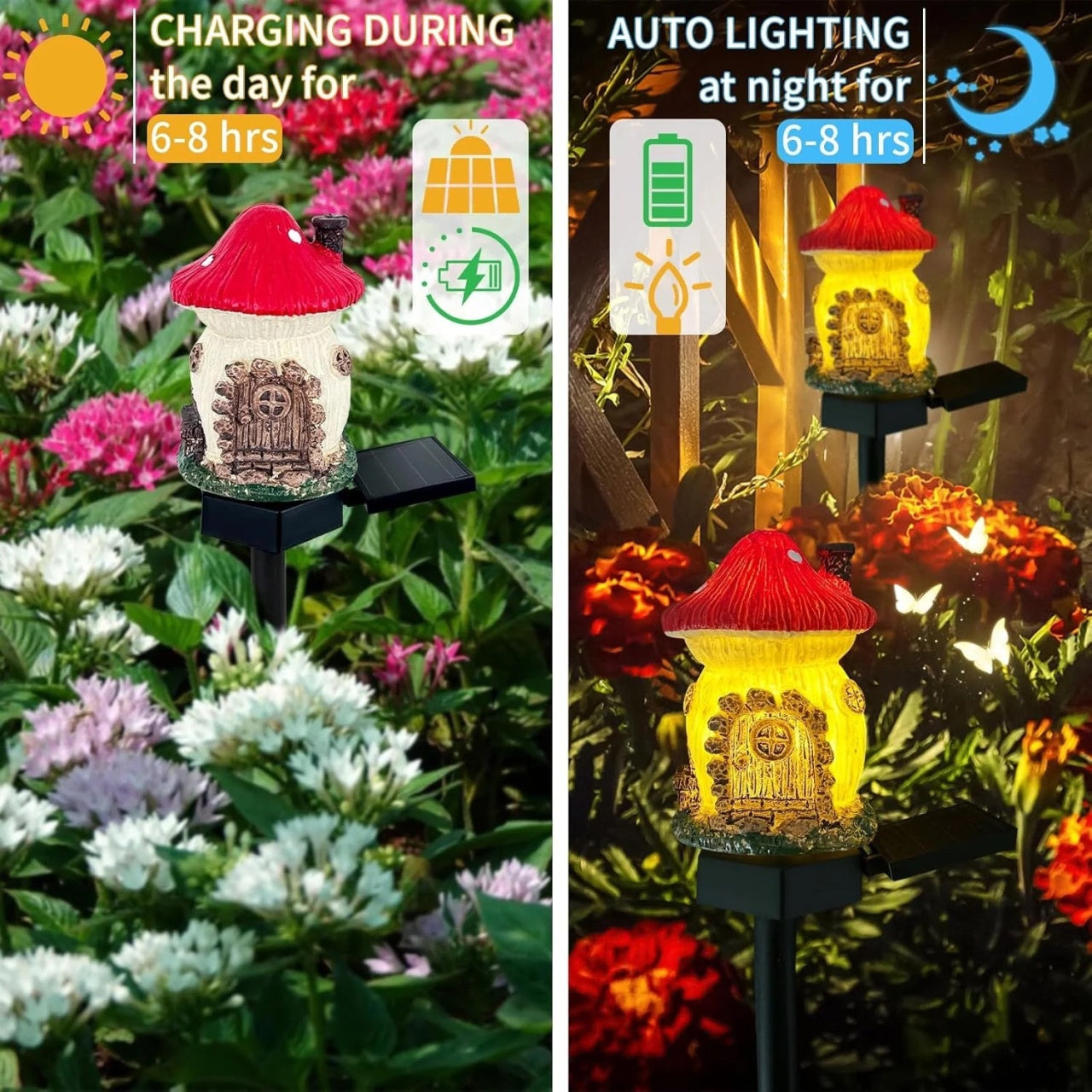 Lampă solară de grădină LED, design ciupercă, plastic rezistent, iluminare automată, roșu-galben
