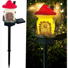 Lampă solară de grădină LED, design ciupercă, plastic rezistent, iluminare automată, roșu-galben