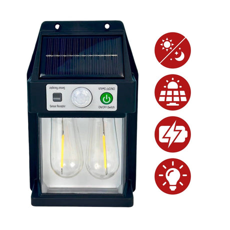 Lampă solară de perete VX, neagră, plastic, cu senzor de mișcare și panou solar eficient, 3W