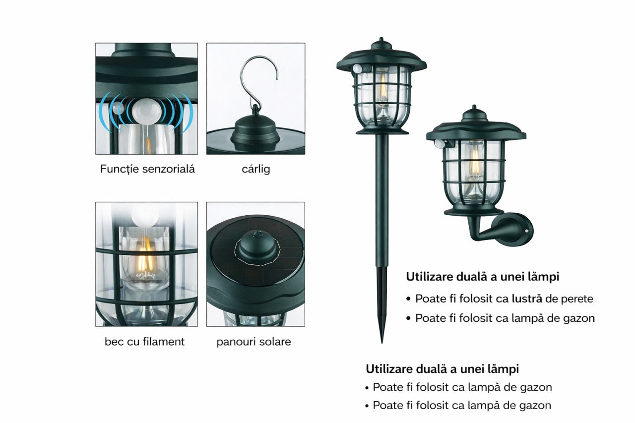 Lampa Solara Exterior 3in1 cu Senzor Miscare, Felinar, Lampa Gradina sau Aplica Perete