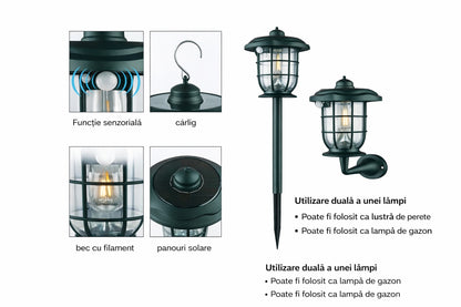 Lampa Solara Exterior 3in1 cu Senzor Miscare, Felinar, Lampa Gradina sau Aplica Perete