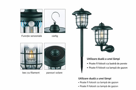 Lampa Solara Exterior 3in1 cu Senzor Miscare, Felinar, Lampa Gradina sau Aplica Perete