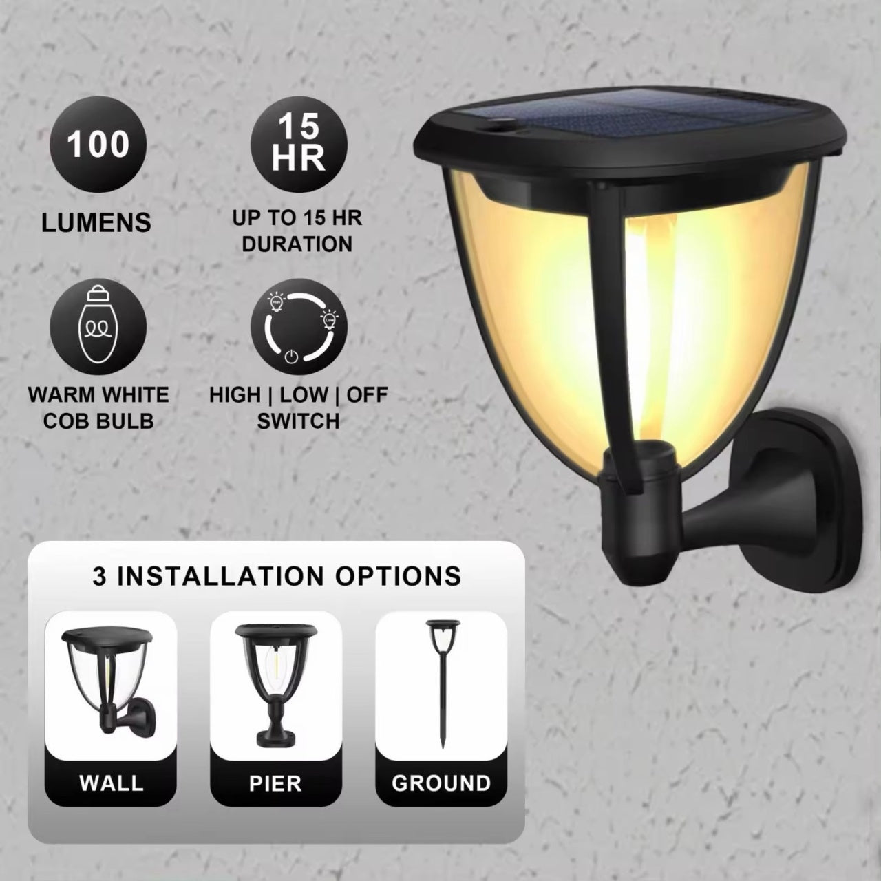 Lampă solară LED de perete, plastic negru, 100 Led, lumină caldă, cu comutator intensitate
