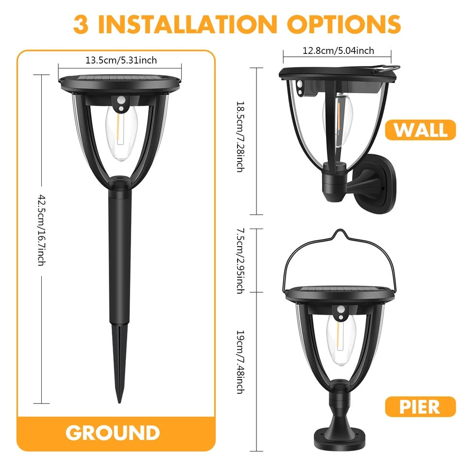 Lampă solară LED de perete, plastic negru, 100 Led, lumină caldă, cu comutator intensitate