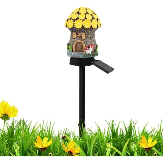 Lampă solară LED decorativă pentru grădină, design ciupercă cu flori galbene, plastic durabil