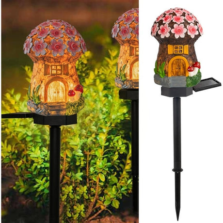 Lampă solară LED decorativă pentru grădină, design ciupercă cu flori galbene, plastic durabil
