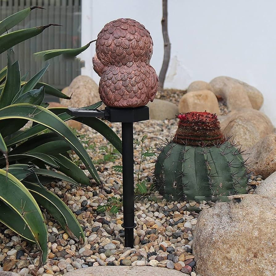 Lampa solară LED decorativă pentru grădină în formă de bufniță, plastic, maro și crem