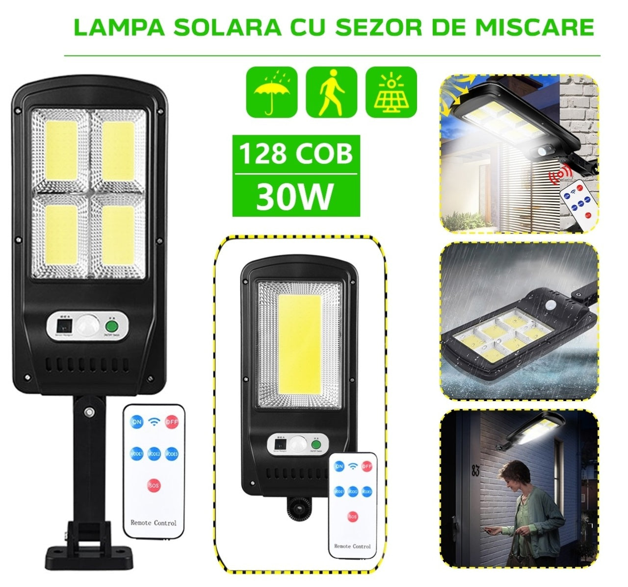 Lampă solară LED pentru grădină cu 120 COB LED-uri și telecomandă, negru, 114x234x370mm