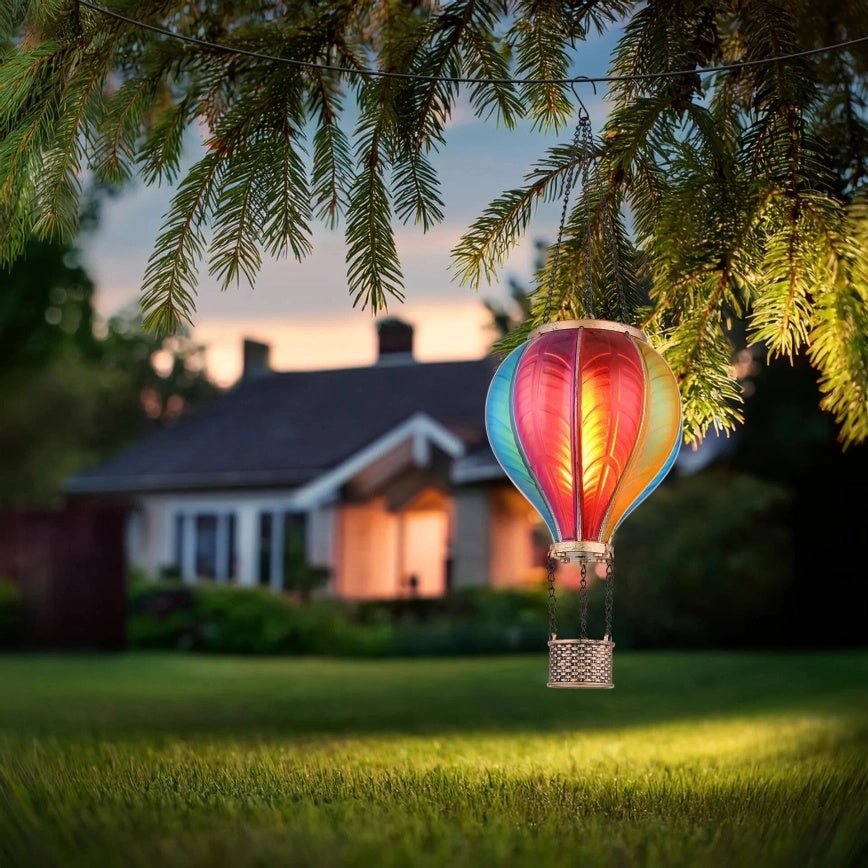 Lampă solară LED tip balon aer cald cu efect flacără, multicolor, plastic