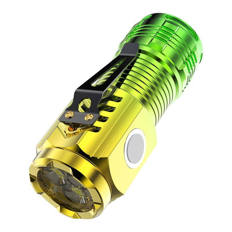 Lanterna cu 3 Nuclee Led, , Incarcare USB, Autonomie 4-20h, Raza Maxima 100-200 m, 5W, 4 x 4 x 9 cm, Suport de Agatat, Fund Magnetic, Galben Verde