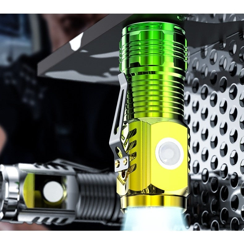 Lanterna cu 3 Nuclee Led, , Incarcare USB, Autonomie 4-20h, Raza Maxima 100-200 m, 5W, 4 x 4 x 9 cm, Suport de Agatat, Fund Magnetic, Galben Verde