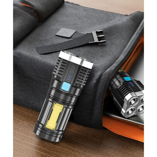 Lanterna LED Tactica 2 in 1, , 4 Moduri de Iluminare, Tip Proiector COB, Rezistenta la Apa, Reincarcabila, USB, Lanterna de Drumetii, 13.6 x 5 cm, Negru