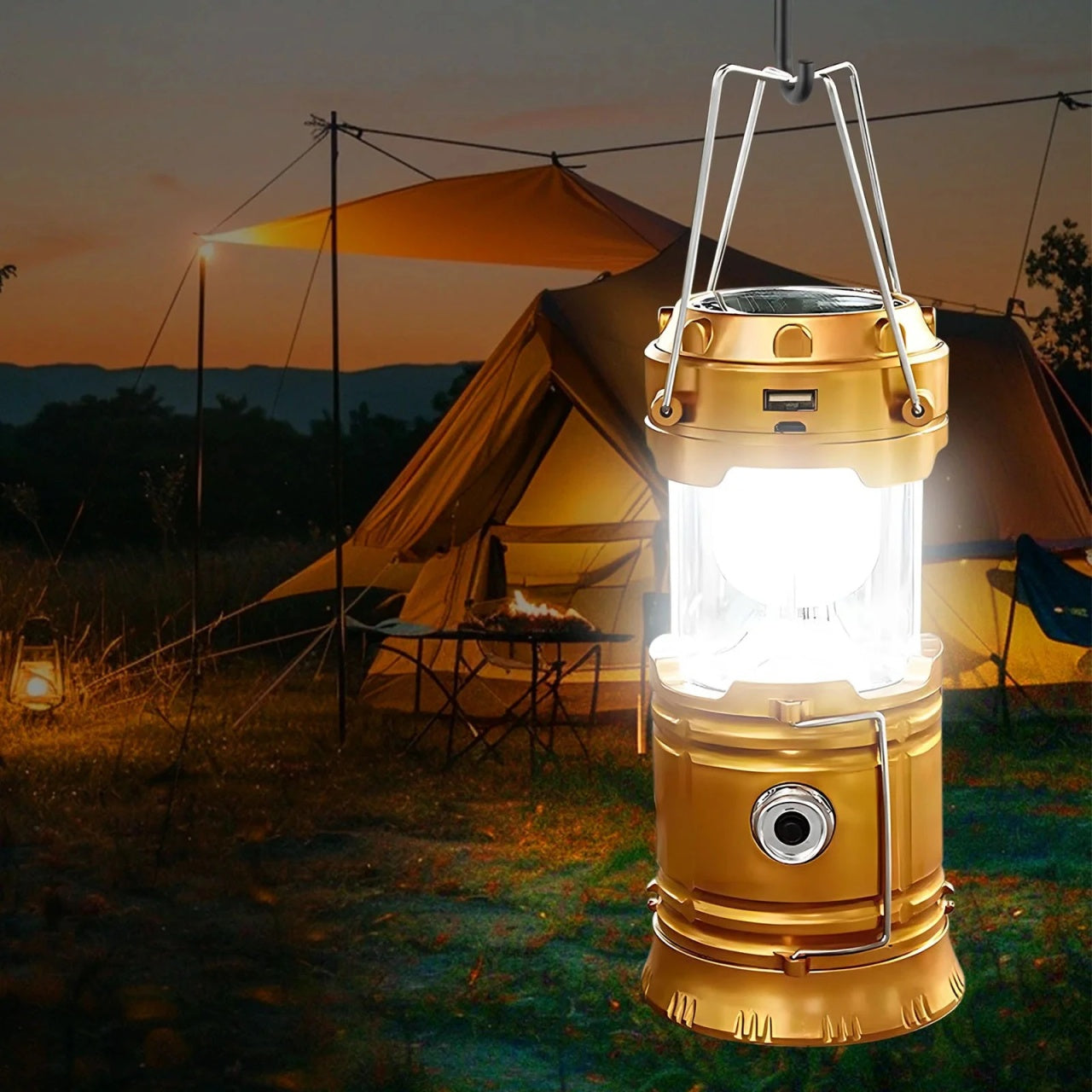 Lanterna Solara LED Camping 360°, Felinar Camping cu Lanterna Frontala si Incarcare USB