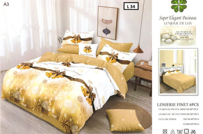 Lenjerie Pat Finet 6 Piese , Model Craciun Auriu cu Fundite Fulgi, 200x230 cm
