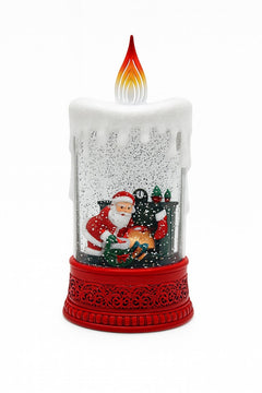 Lumanare decorativa Craciun cu lumini LED si colinde, efect ninsoare, baterii si acumulator, 28x15x11cm