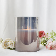 Lumanare decorativa in pahar argintiu fumuriu , ambient lux, flacara calda