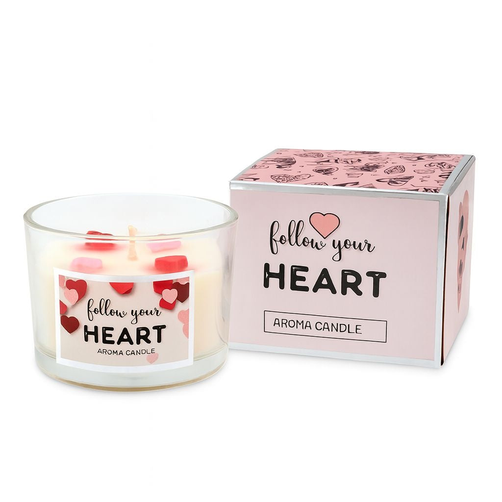 LUMANARE PARFUMATA FOLLOW YOUR HEART IN PAHAR DIN STICLA CUTIE ASORTATA, 7.5x7.5x5.5cm