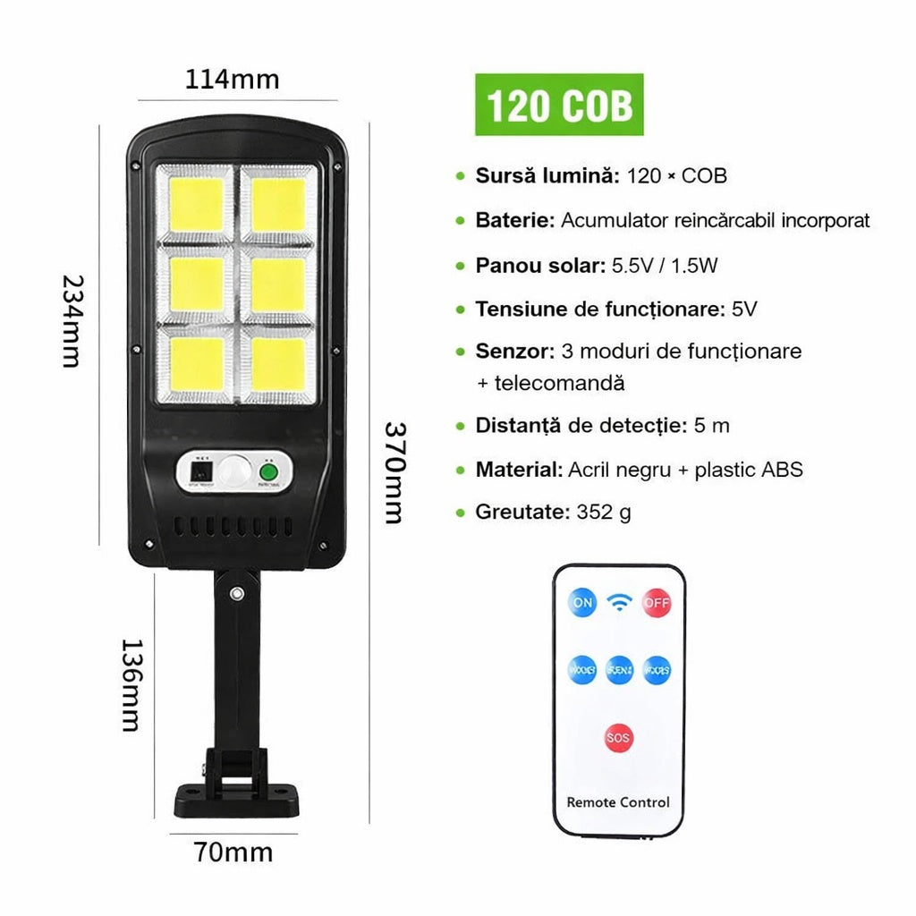 Lumină cu Senzor Solară din Plastic, Negru, rezistentă la apă, încărcare solară, cu telecomandă