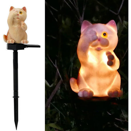 Lumină Solară Decorativă în Formă de Pisică, Polirășină, 15 cm, Crem