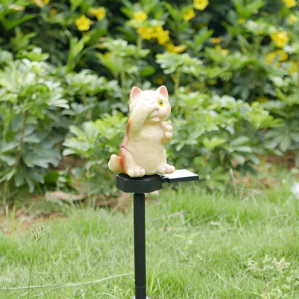 Lumină Solară Decorativă în Formă de Pisică, Polirășină, 15 cm, Crem