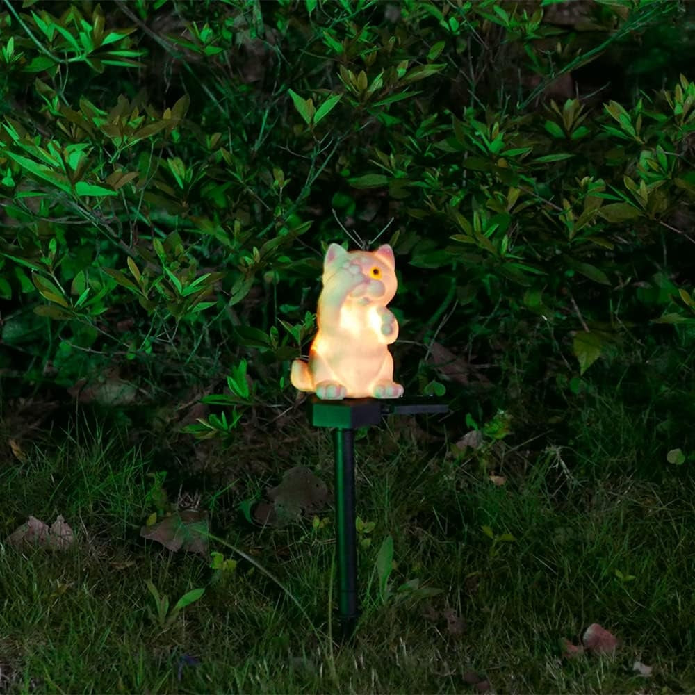 Lumină Solară Decorativă în Formă de Pisică, Polirășină, 15 cm, Crem