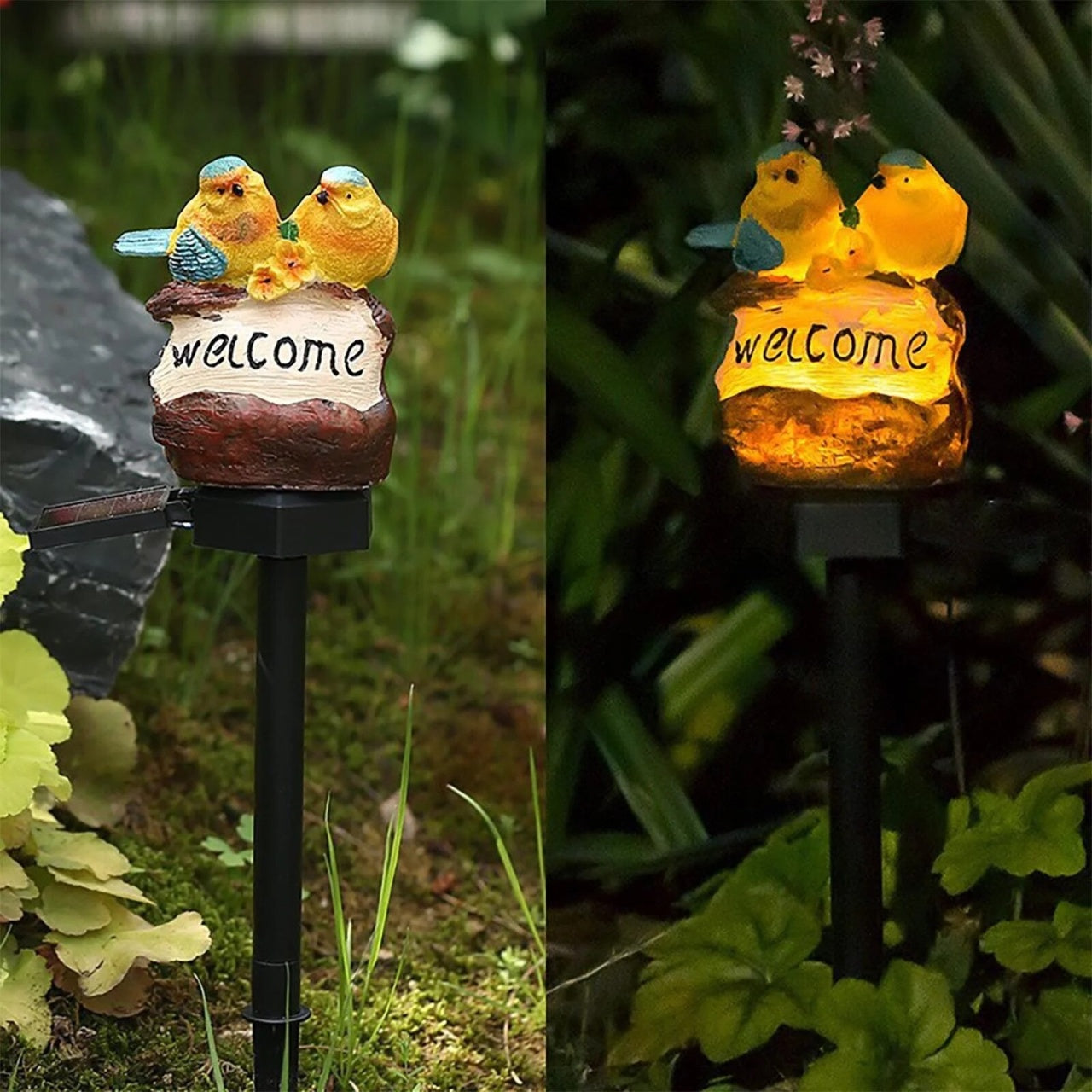 Lumină solară decorativă pentru grădină, plastic, cu semn 'Welcome', păsări colorate, 9.5 x 12.5 x 39.3 cm