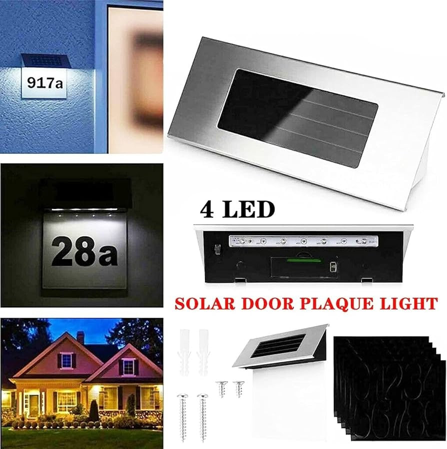 Lumină solară LED pentru număr de casă, plastic alb, 24x18 cm, cu autocolante incluse