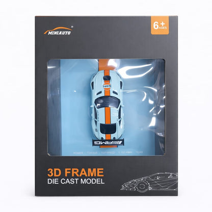 Macheta auto metalica sport bleu cu dungi portocalii 3D frame scara 1:32