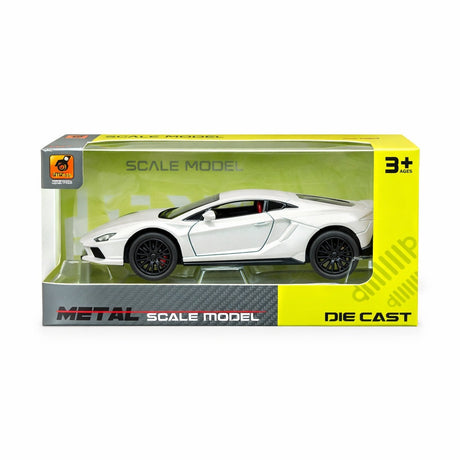 Macheta masina sport alba cu design agresiv, detalii realiste, 15.5x7 cm
