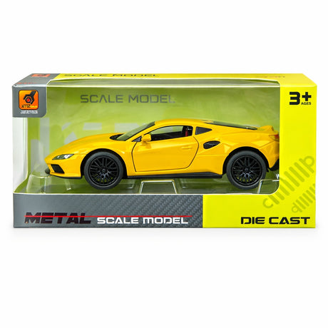 Macheta masina sport galbena coupe, design modern, detalii realiste, 15.5x7 cm
