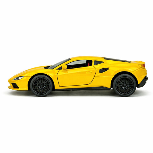 Macheta masina sport galbena coupe, design modern, detalii realiste, 15.5x7 cm