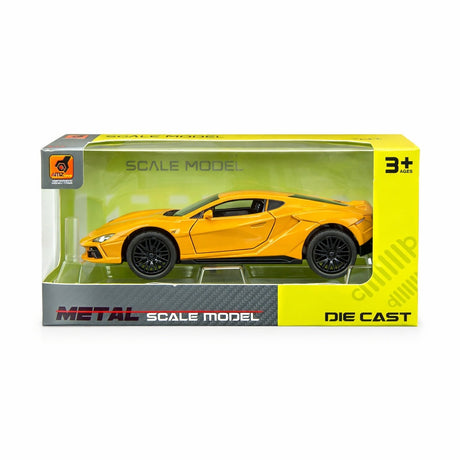 Macheta masina sport galbena cu design modern, detalii realiste, 15.5x7 cm