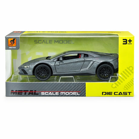 Macheta masina sport gri metalizat, design modern, detalii realiste, 15.5x7 cm