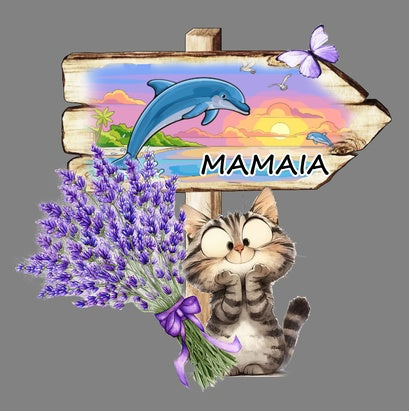 Magnet decorativ frigider cu pisicuță și lavandă, mamaia, multicolor