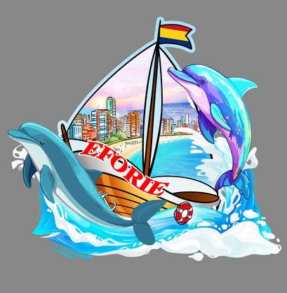 Magnet decorativ frigider 'Eforie' cu delfini și vapor, multicolor, 15x10 cm
