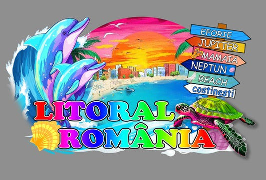 Magnet decorativ frigider 'Litoral România' cu tematică oceanică, multicolor, 10x15 cm