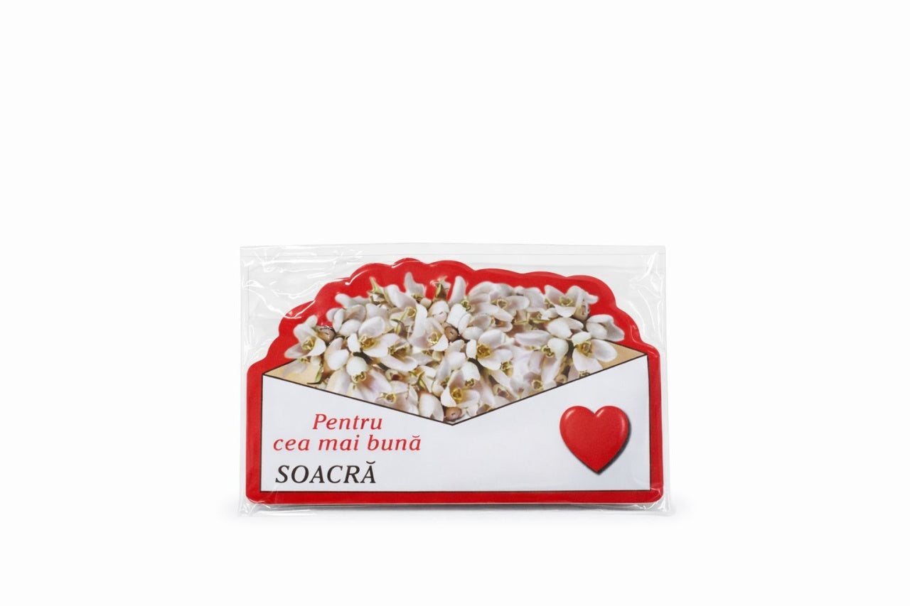 Magnet martisor cu mesaj Pentru cea mai buna soacra, cadou simbolic de primavara, 10x6cm
