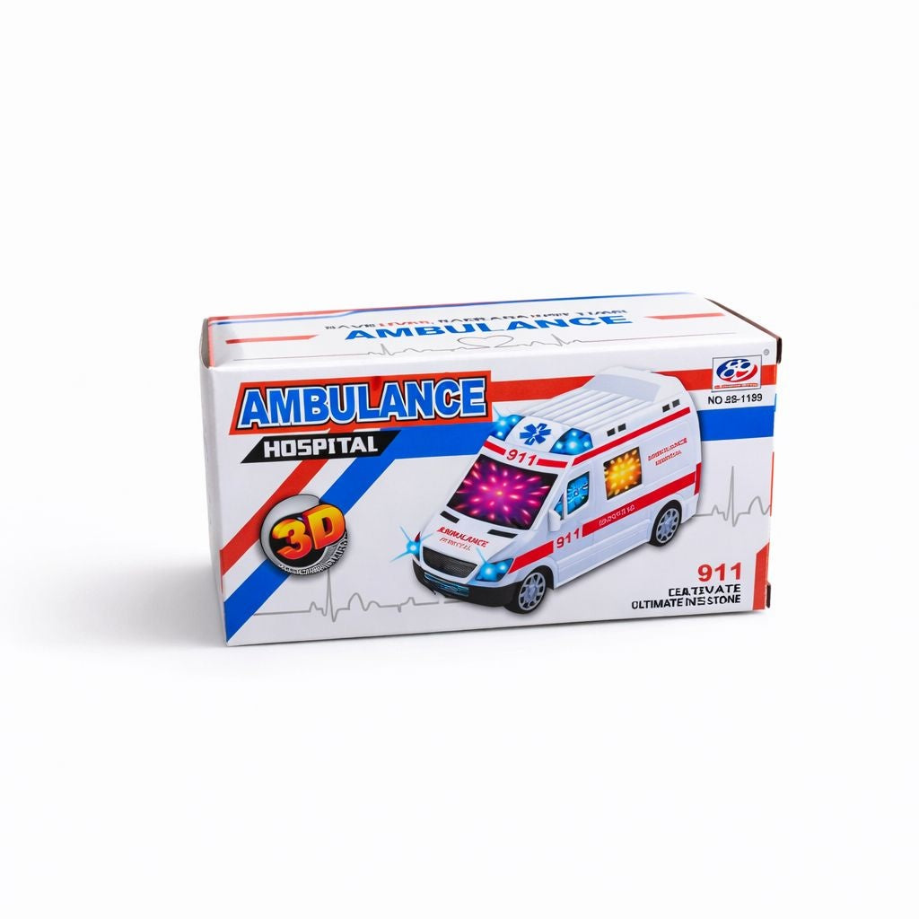 Masina ambulanta cu lumini 3D si sunet, jucarie interactiva, 17.5 cm