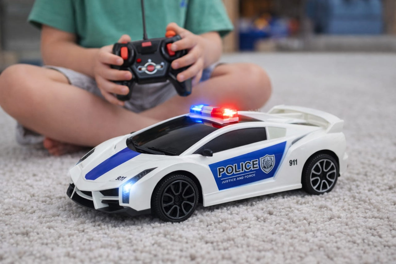 Mașină cu telecomandă Adventura Toys, plastic, lumini, albastru-alb