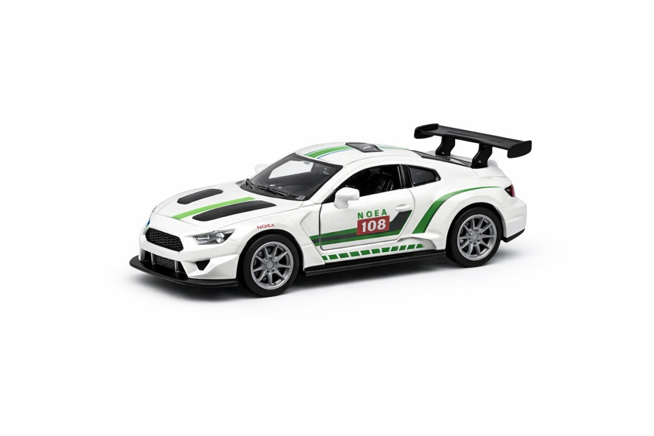 Mașină de jucărie sport albă din metal cu uși detașabile și design realist, 14 cm