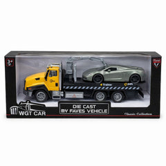 Masina de remorcare galbena cu masinuta gri, model metalic die-cast, 26.5 cm, functie pull back