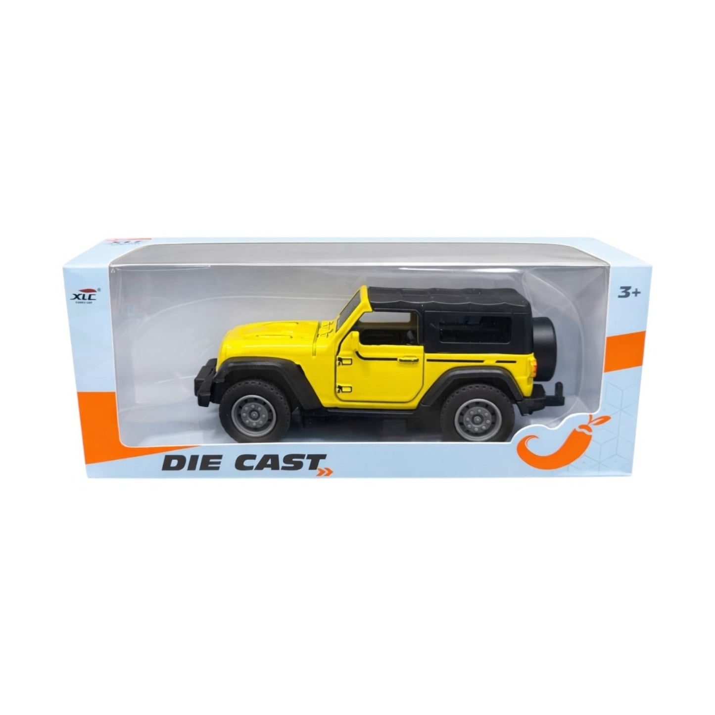 Mașină de teren metalică galbenă cu uși mobile, dimensiuni 14x5,5x6,5 cm