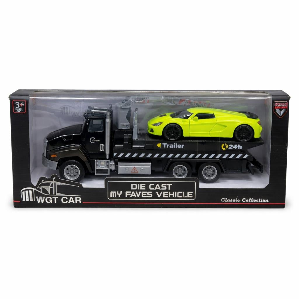 Masina de tractari cu masina sport verde, metal die-cast, pull back 26.5cm