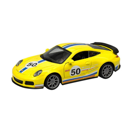 Mașină metalică die-cast galbenă cu uși care se deschid, model 50, 14 cm