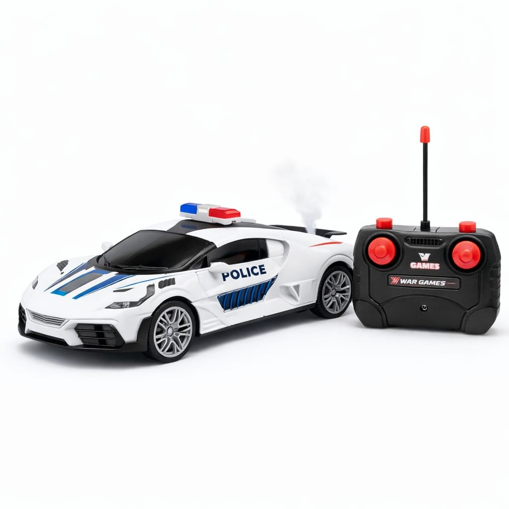 Masina politie cu telecomanda, lumini sunet fum, acumulator, alba