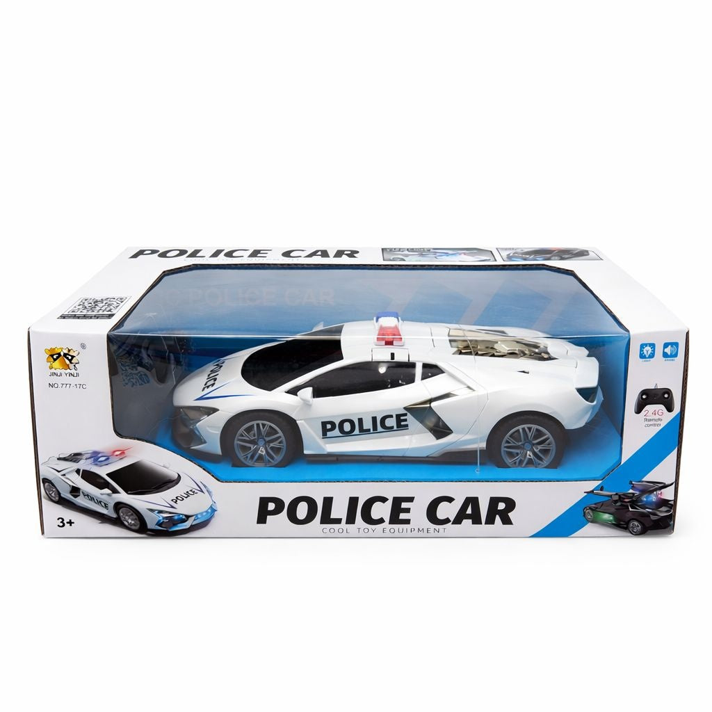 Masina politie RC alba cu usi si capota deschidere, lumini sunet, 2.4GHz, acumulator