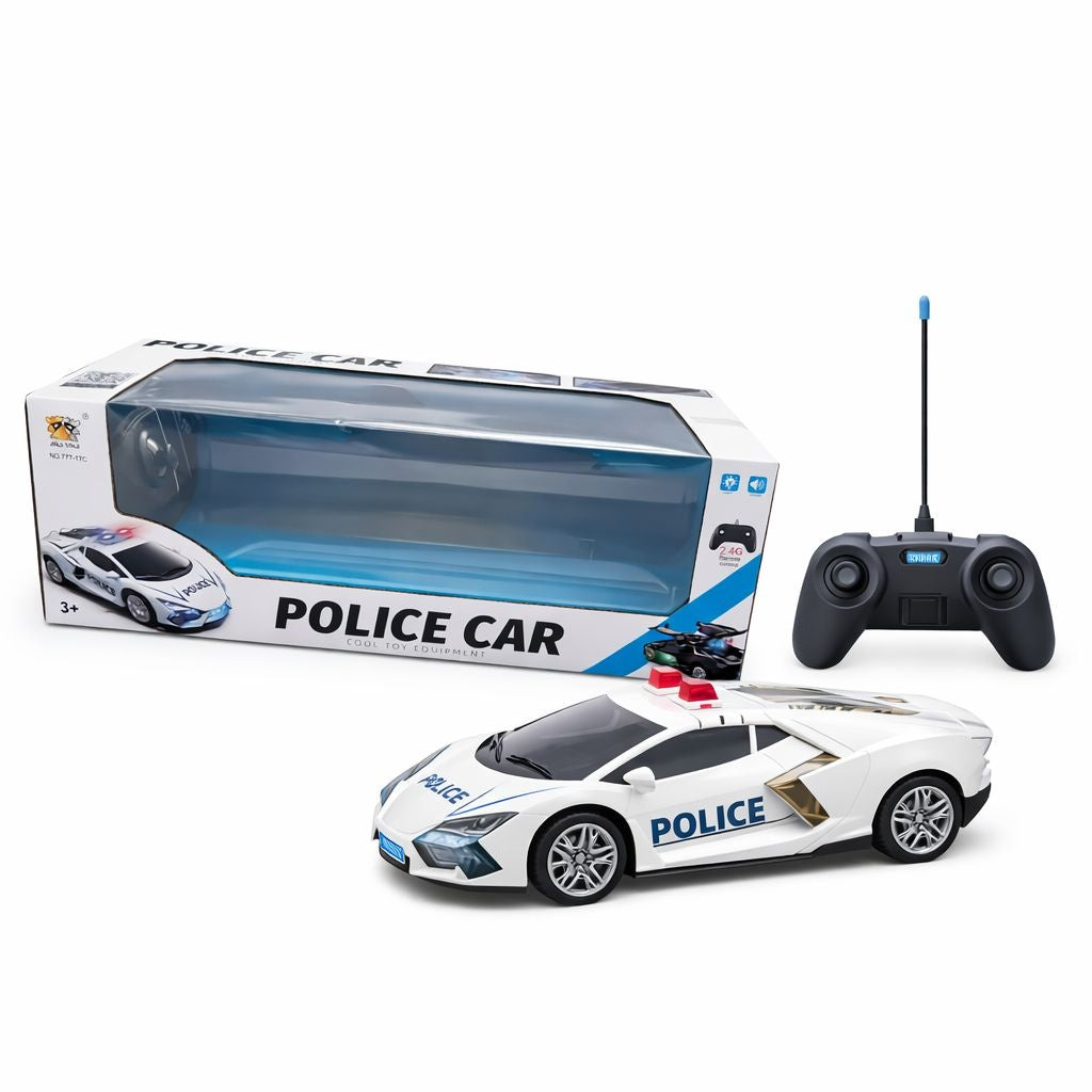 Masina politie RC alba cu usi si capota deschidere, lumini sunet, 2.4GHz, acumulator