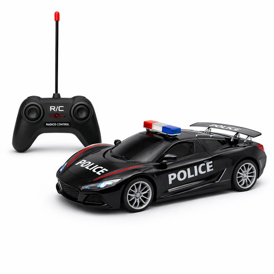 Masina politie RC neagra cu capota spate deschidere, lumini sunet, 2.4GHz, acumulator